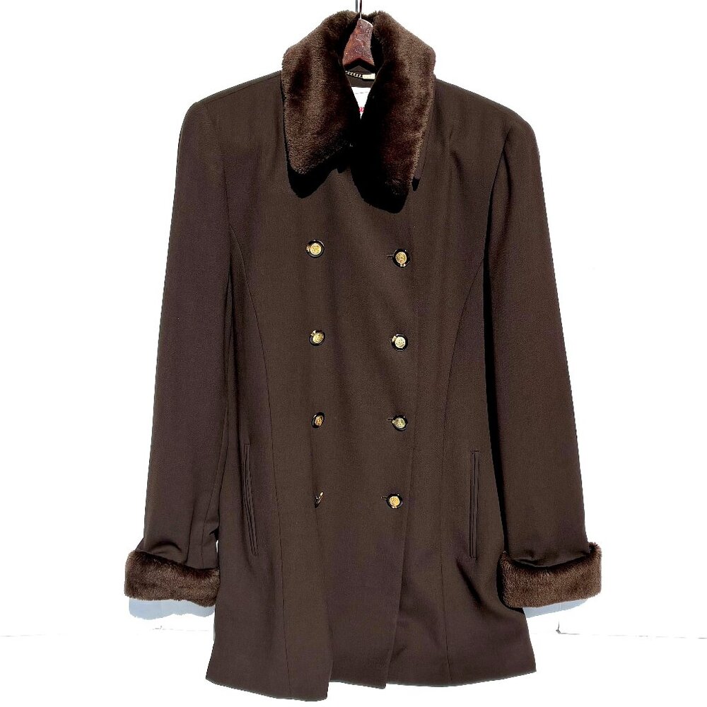 VTG Women’s Mondi Double Breasted Wool Coat Brown w/Faux Fur Trim 70-80s Size 14